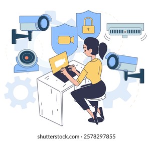 Woman using laptop at desk surrounded by CCTV cameras, security shields, and icons on a white background. Concept of surveillance and cybersecurity. Flat cartoon vector illustration