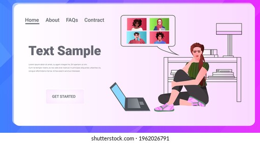 woman using laptop discusing with mix race friends during video call virtual conference online communication
