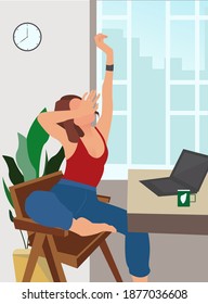 Woman using laptop and drink coffee. Remote work, home office. Morning call. Online shopping. Stretch