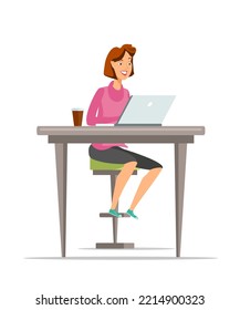 Woman using laptop and drinking coffee illustration. Office worker sitting at desk with notebook. Businesswoman during lunch break, freelancer working at computer.