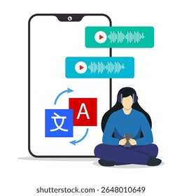 Uma mulher usando laptop e fones de ouvido para ouvir a linguagem de tradução on-line.