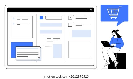 Woman using laptop with e-commerce web interface featuring shopping cart icon, multiple widgets, and checklists. Ideal for online retail, business management, e-commerce, web development, workflow