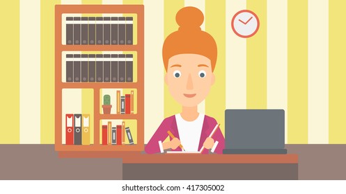 Woman using laptop for education.