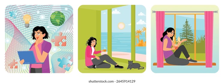 A woman using a laptop, engaged in creative thinking. Enjoying a cup of coffee with a sunny ocean landscape outside. Sits on a window ledge with a warm beverage. Young thoughtful woman concept.