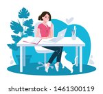 Woman using laptop flat vector illustration. Working from home, remote job. Online shopping. Freelance, e-learning concept. Girl studying, drinking coffee. Freelancer, student cartoon character