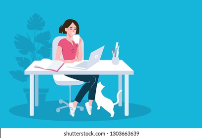 Woman using laptop flat vector illustration. Working from home, remote job. Online shopping. Freelance, e-learning concept. Girl studying, drinking coffee. Freelancer, student cartoon character