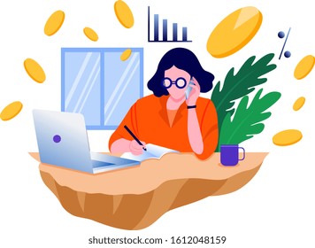 Mujer que usa ilustración vectorial plana portátil. Trabajando desde casa, las mujeres están pensando en el progreso de su negocio. diseño de ilustración plana