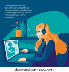 Woman using laptop flat vector illustration. Working from home, remote job. Online shopping. Freelance, e-learning concept. Girl studying. Freelancer, student cartoon character