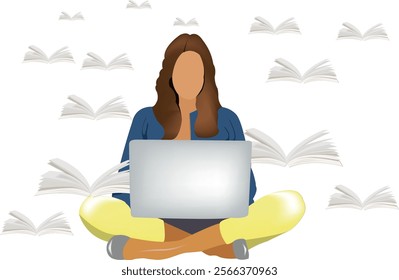 Woman using laptop with flying books, representing online education, e learning, and knowledge accessibility