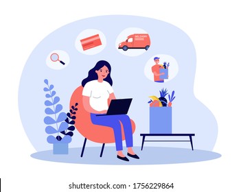 Woman using laptop for food delivery order. Flat vector illustration for online grocery store, ecommerce, shop application concept