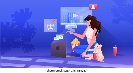 woman using laptop girl with cat relaxing at home communication social media network concept