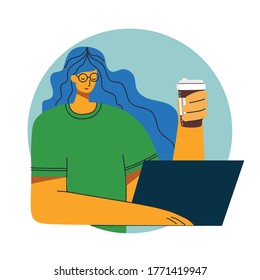 Woman using laptop and holding coffee background vector illustration.Modern flat colorful design. Promote online sale commerce concept.