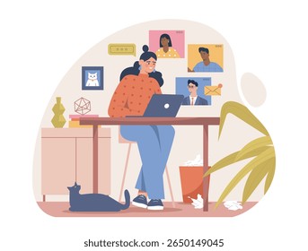 Woman using laptop at home desk with online video call screens, indoor plant, cat, and paper bin on light background. Concept of remote work. Vector illustration