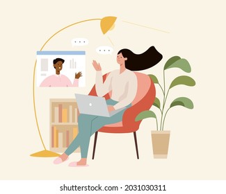 Woman using laptop at home and making video call with another person. Flat illustration, concept of work from home, freelancing or online tutor class.