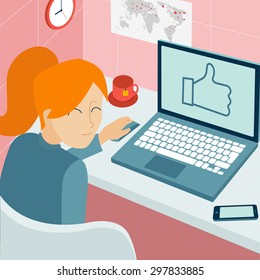 Woman using laptop at home vector illustration