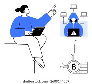 Woman using laptop. Hooded hacker with warning sign icon connecting to multiple computers. Cryptocurrency Bitcoin symbol connected to a circuit. Ideal for technology, cybersecurity, hacking