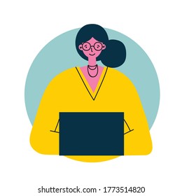 Woman using laptop with infographic background vector illustration. Modern flat colorful design. Promote online sale commerce concept.