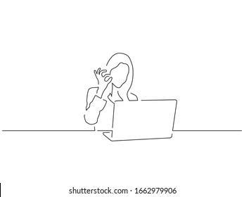 Woman using a laptop isolated line drawing, vector illustration design. Technology collection.
