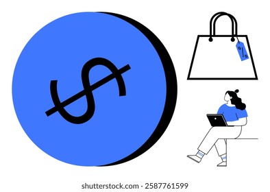 Woman using laptop, large blue dollar sign circle, and shopping bag with sale tag. Ideal for e-commerce, online shopping, discounts, sales promotion, marketing, financial savings, and retail