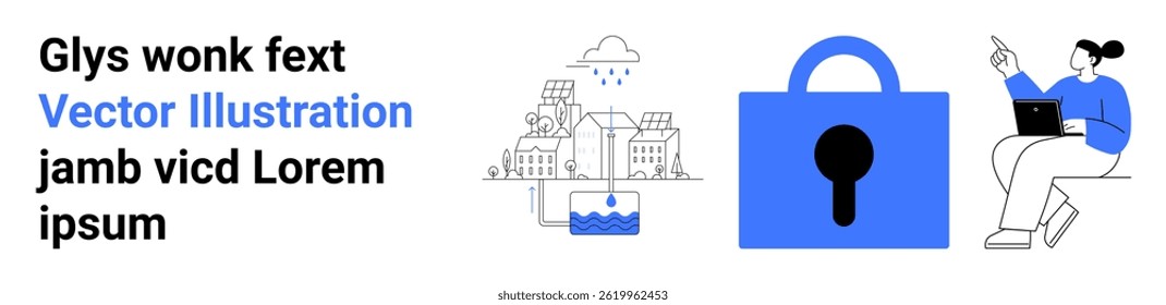 Woman using a laptop, large padlock symbolizing security, Smart City layout, and water management concept. Ideal for technology, security, urban planning, water management, remote work, digital