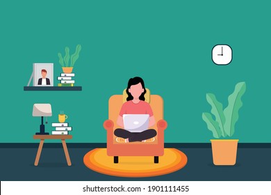 Woman using a laptop to learning or meeting online.work from home concept in vector illustration.