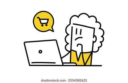 Woman is using a laptop and looking at a shopping cart icon. She is thinking about shopping. Hand drawn vector illustration. Black and white.