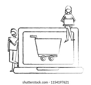 woman using laptop man shopping cart on screen