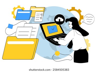 Woman using laptop to manage files and documents, with cloud upload icons and folder graphics on abstract background. Concept of data storage