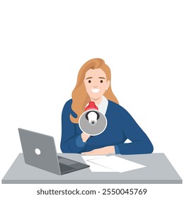 Woman using laptop and megaphone Marketing strategy. Flat vector illustration isolated on white background