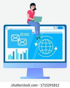 Woman using laptop, monitor of computer with email. Businesswoman communication with pc, accounting and working with device, workplace online vector