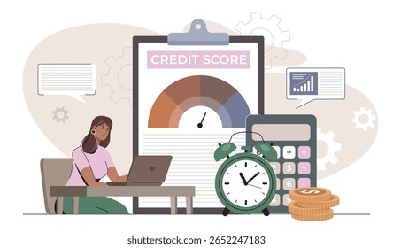 Mulher usando laptop perto de gráfico de pontuação de crédito, calculadora, relógio e moedas, em estilo plano em fundo abstrato. Conceito de relatório financeiro e de crédito. Ilustração vetorial