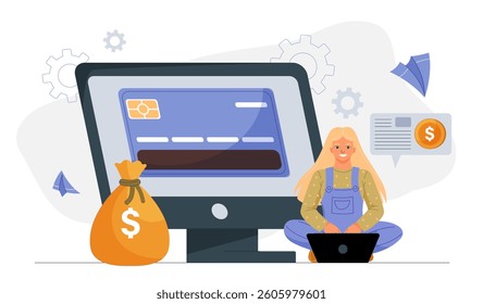 A woman using a laptop near a large screen showing a bank card, with money bag and financial icons around, on a white background. Concept of digital finance. Vector illustration