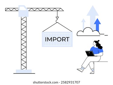 Woman using laptop next to crane lifting import container, arrow charts indicating growth. Ideal for logistics, global trade, analysis, economic growth, digital tools, business strategies, supply