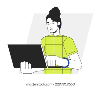 Woman using laptop in office flat line vector spot illustration. Female task manager typing on keyboard 2D cartoon outline character on white for web UI design. Editable isolated colorful hero image