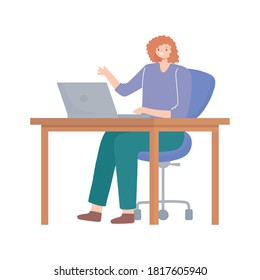 woman using laptop on desk working isolated design white background vector illustration