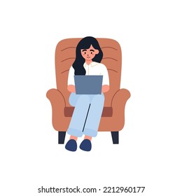 Woman using laptop on sofa. Concept illustration for working, studying, education, work from home, healthy lifestyle. 