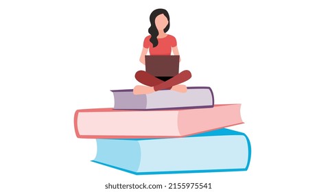 woman using laptop on stack of book, business character illustration on white background.