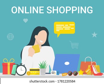 Woman using laptop, online shopping concept, women fashion products from e-shop or digital store with icons, flat vector graphic illustration