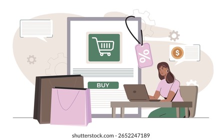 Woman using laptop for online shopping, large screen with cart icon and discount tag, shopping bags around, on abstract tech background. Concept of e-commerce. Vector illustration