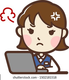 Woman using Laptop PC. angry. vector illustration. Isolated on white background.