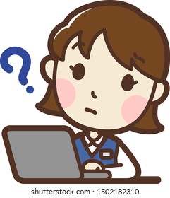 Woman using Laptop PC. Doubt. vector illustration. Isolated on white background.