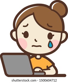 Woman using Laptop PC. sad. vector illustration. Isolated on white background.