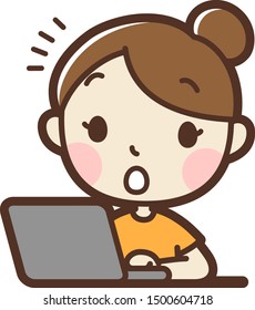 Woman using Laptop PC. surprise. vector illustration. Isolated on white background.