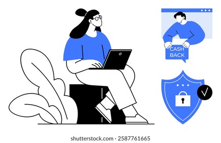 Woman using laptop. A person holding a cashback sign and a security shield with a lock represent online shopping and internet security. Ideal for e-commerce, online shopping, cashback offers