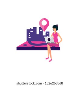 woman using laptop with pin pointer location vector illustration design