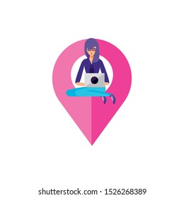 woman using laptop with pin pointer location vector illustration design