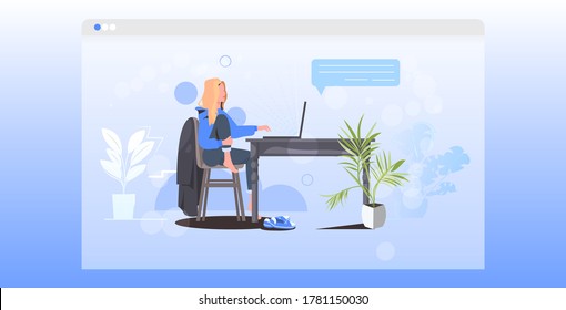 woman using laptop remote work quarantine isolation chat bubble social network communication concept girl sitting at workplace full length horizontal vector illustration