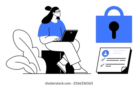 Woman using laptop, securing data with lock, next to document with checkmarks. Ideal for cybersecurity, online privacy, data protection, secure communication, remote work. Simple modern style