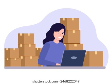 Woman using laptop to sell products online with order packages waiting to deliver behind her. Concept of shopping online, e-commerce store, checking order.