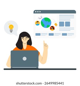 A woman using laptop and sharing his idea to his global friends. Online education concept.